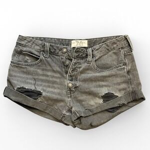 We‎ The Free People Distressed Mini Denim Shorts Washed Black Button Fly Size 26